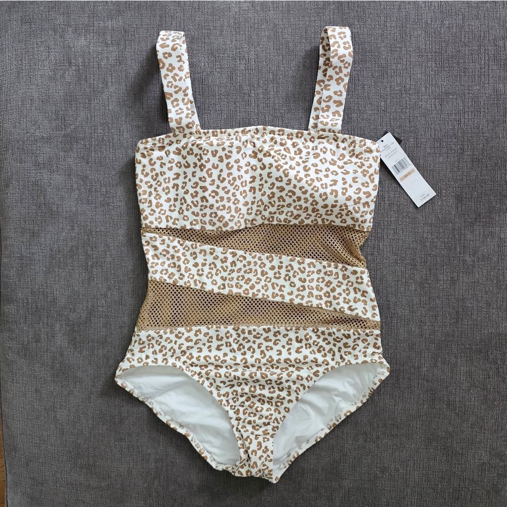 Carmen Marc Valvo White tan white Mesh Panel One Piece Swimsuit sz 12